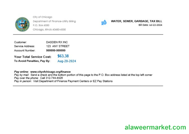 USA Illinois Chicago water, sewer, garbage, tax business utility bill Word and PDF template